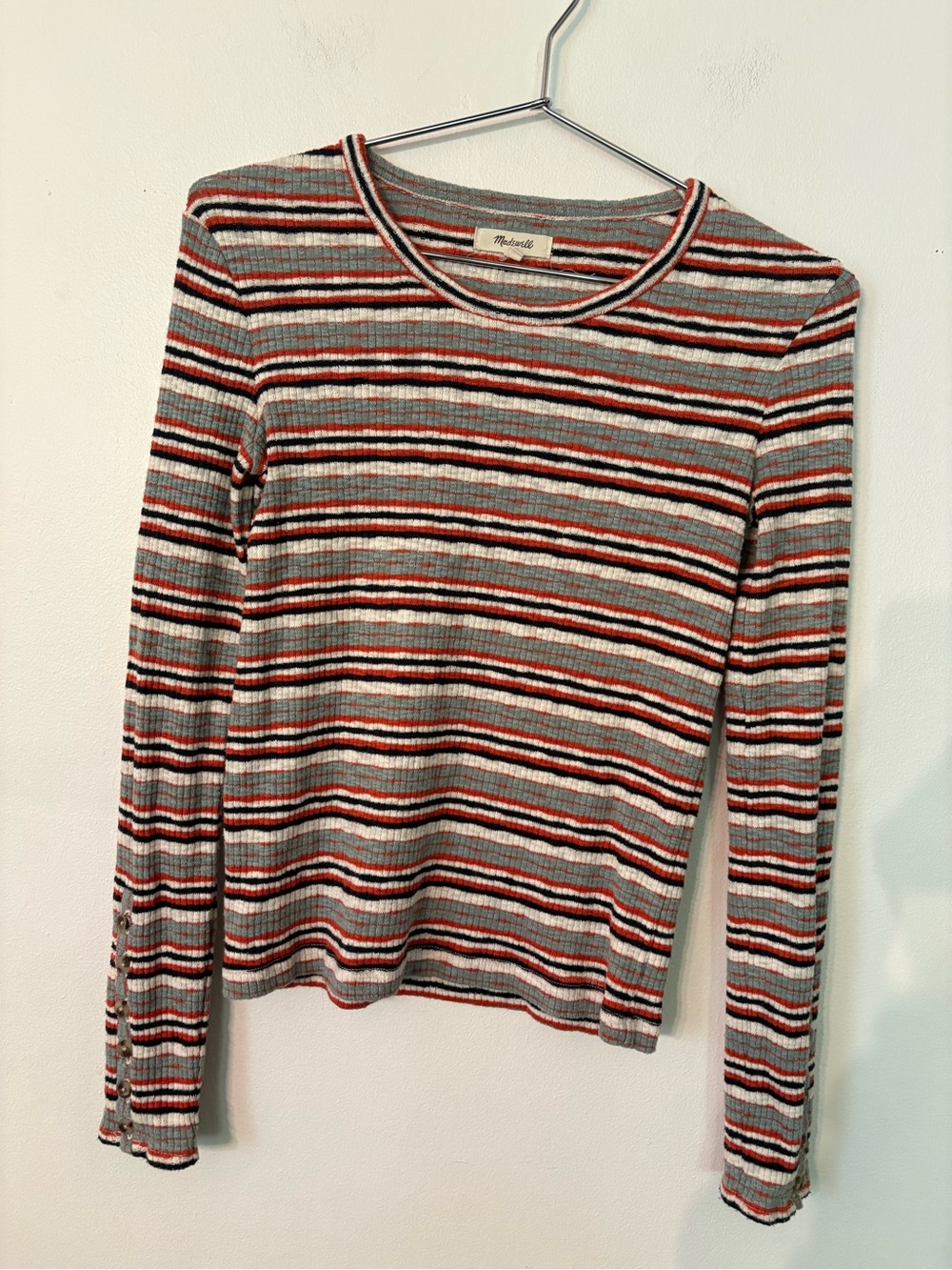 Madewell Striped Ribbed Long-Sleeve Top in Gray, Red & Black